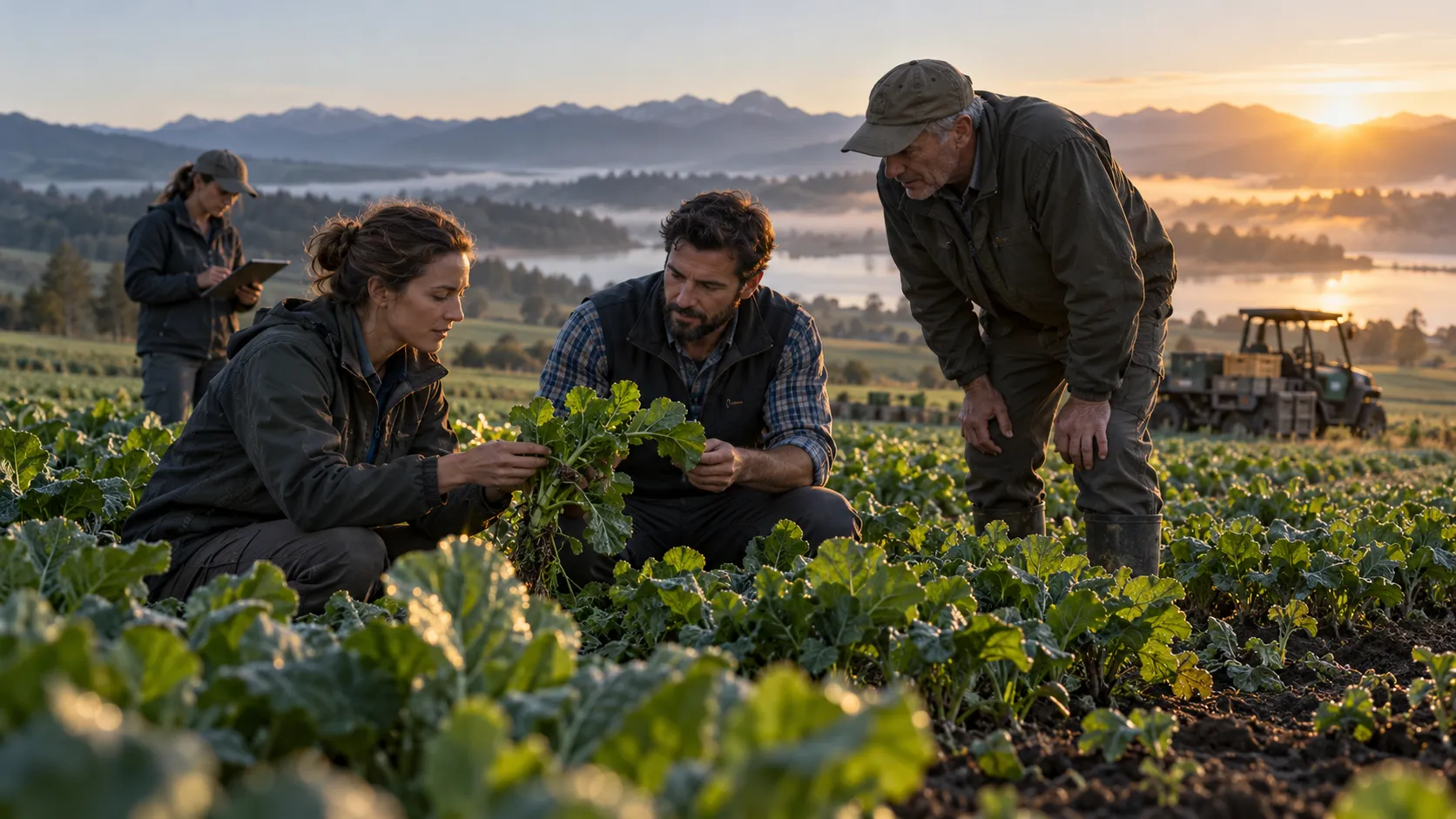Growers examining crops at sunrise; illustrative, not evidence of a group operation.