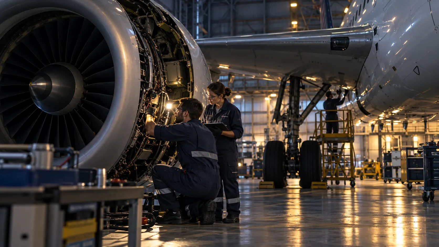 Aviation engineers inspecting an aircraft in a hangar; illustrative, not an AmanorX operation.