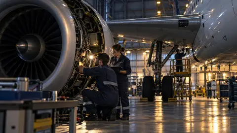 Aviation engineers inspecting an aircraft in a hangar; illustrative, not an AmanorX operation.