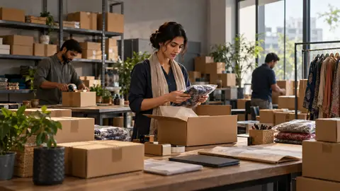 A small-business team preparing goods in a commerce workspace; illustrative imagery.