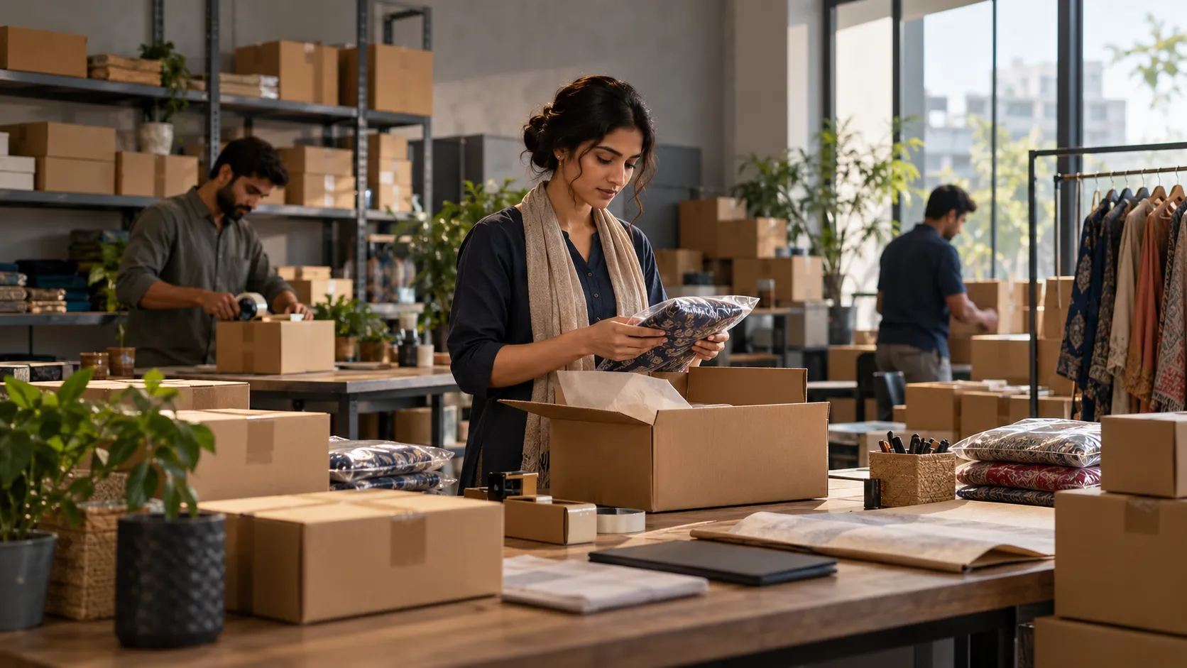 A small-business team preparing goods in a commerce workspace; illustrative imagery.
