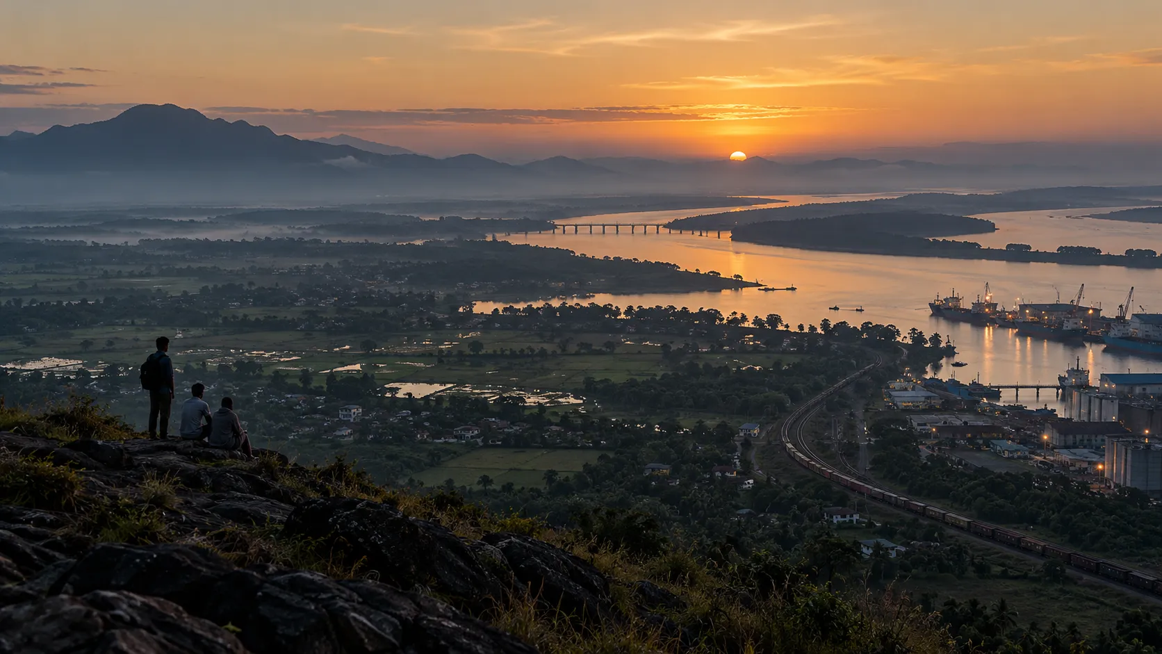 Illustrative landscape at dawn, with river, rail, cultivated land and a working harbor