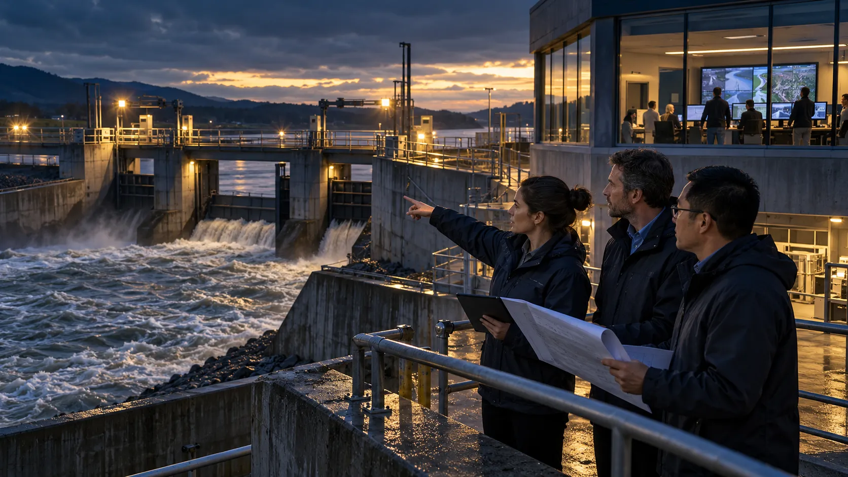 Civil infrastructure resilience team reviewing a flood barrier; illustrative, no military or weapons claim.