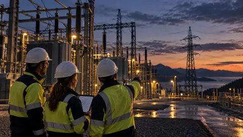 Engineers reviewing energy infrastructure at dusk; illustrative, not evidence of current operations.
