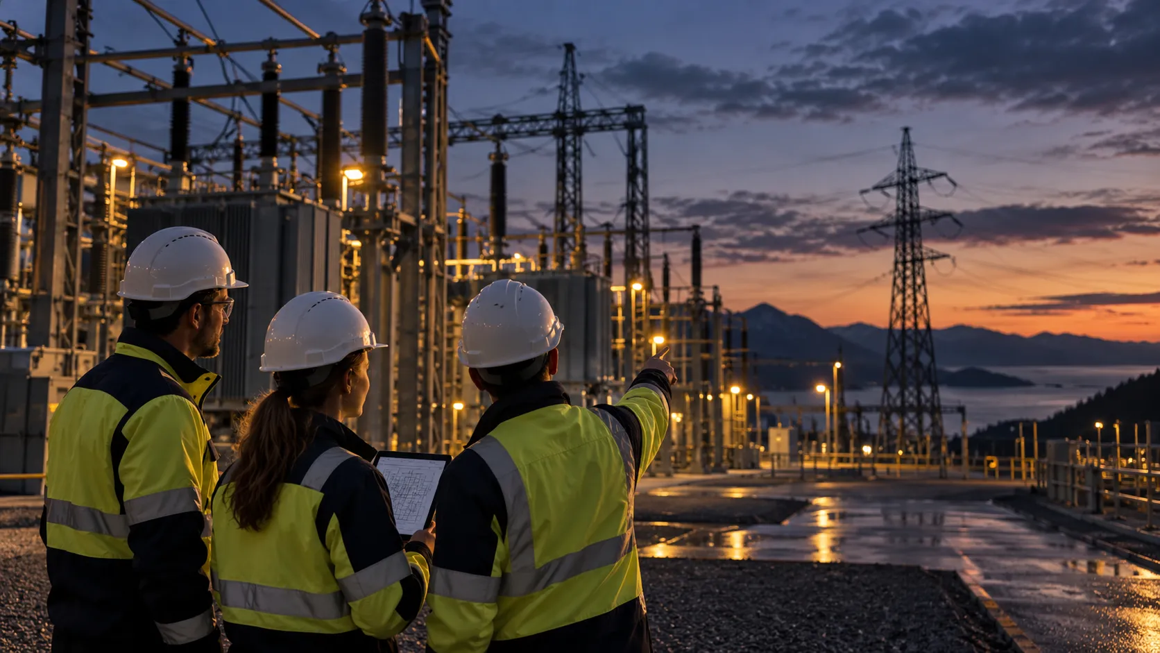 Engineers reviewing energy infrastructure at dusk; illustrative, not evidence of current operations.