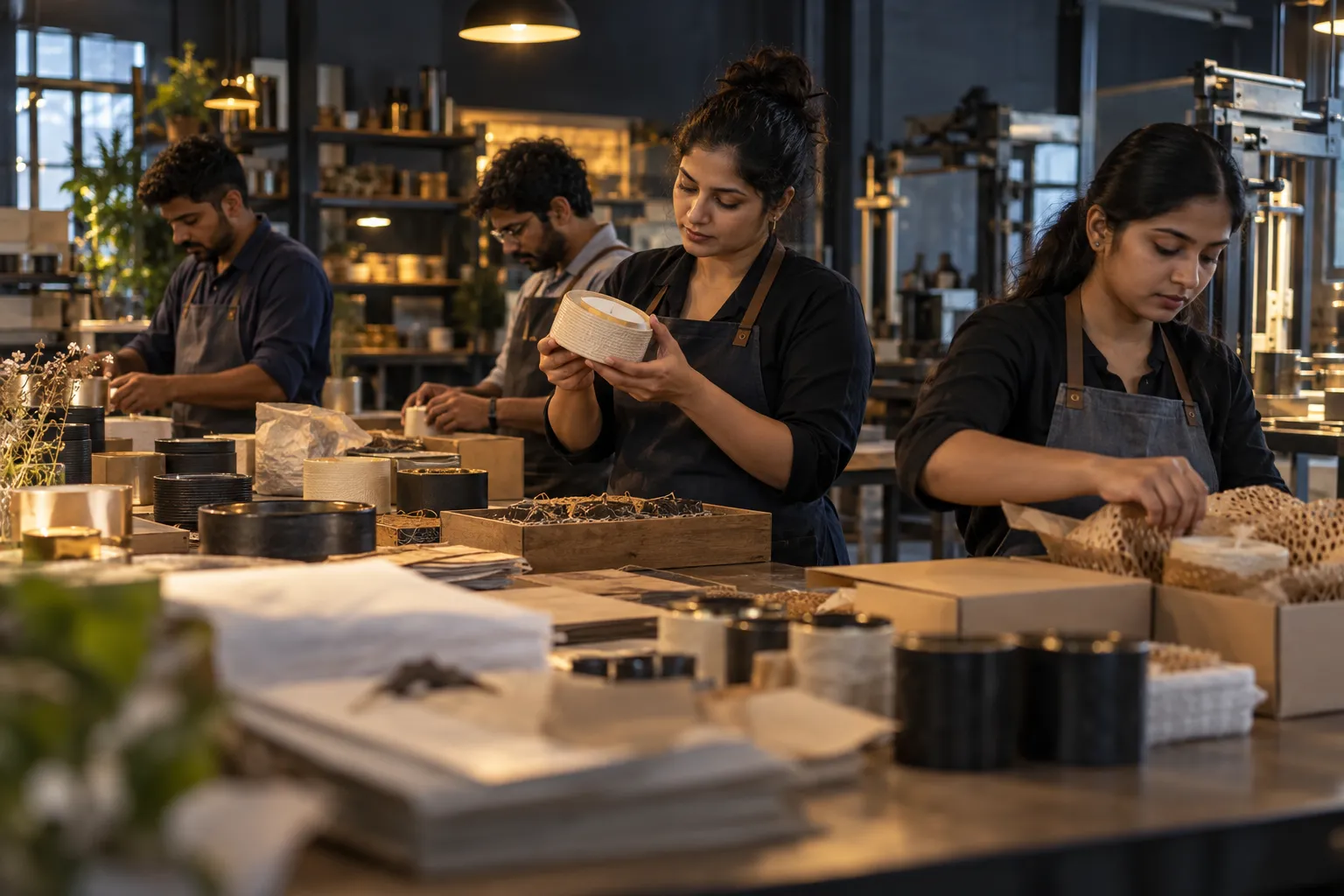 Illustrative small enterprise team carefully preparing and checking its products