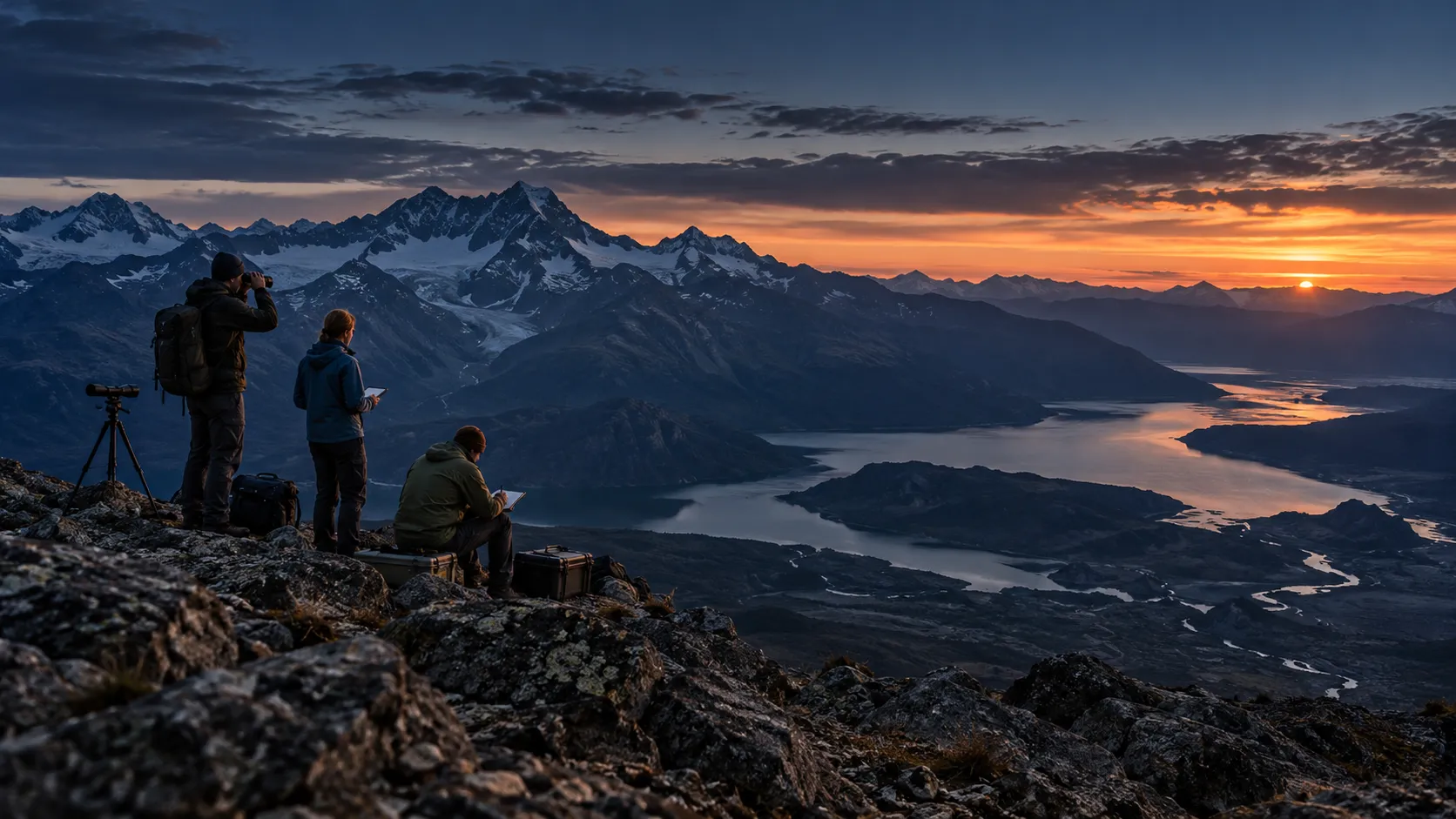 Field researchers studying a remote landscape; illustrative, not an AmanorX expedition.