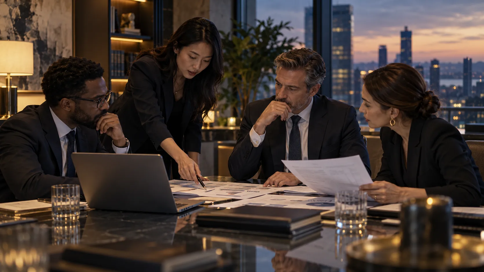 Finance professionals in a collaborative review; illustrative imagery.