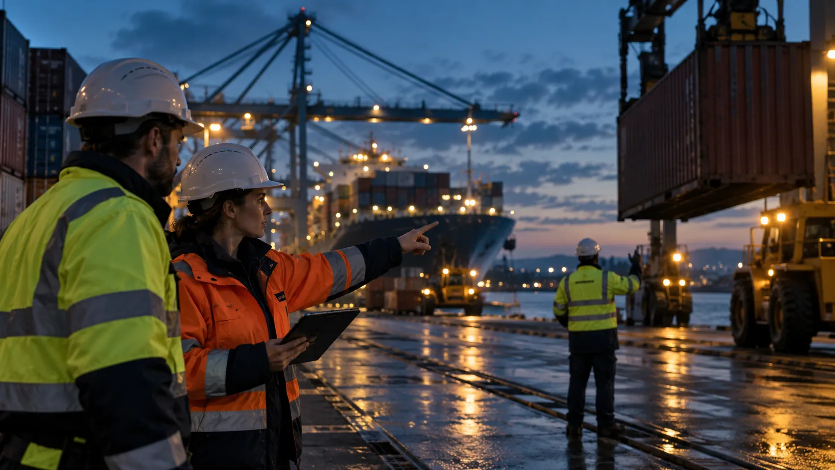 Logistics workers coordinating freight at a port; illustrative, not evidence of operations.