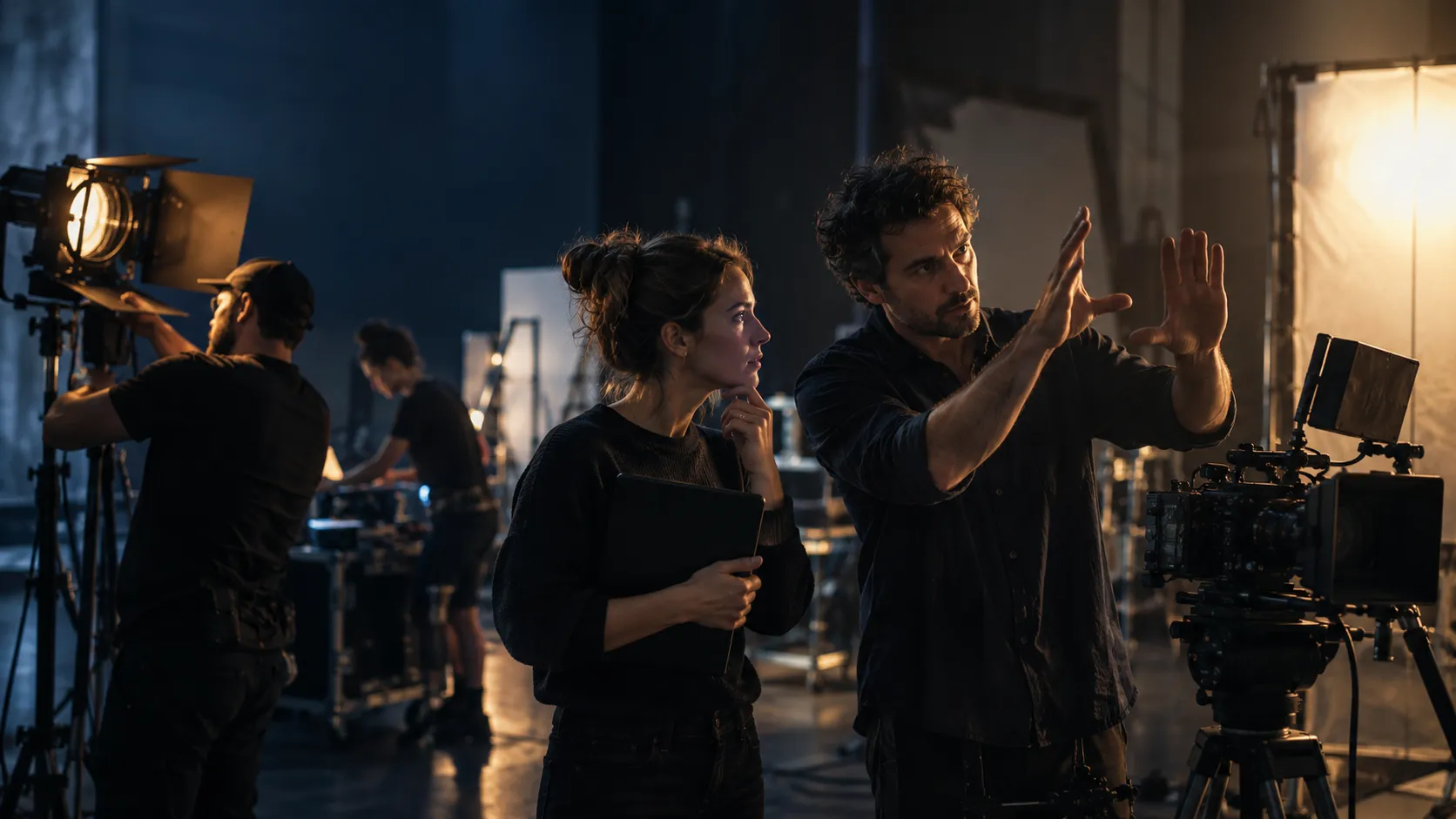 A media production team preparing a camera in a studio; illustrative imagery.