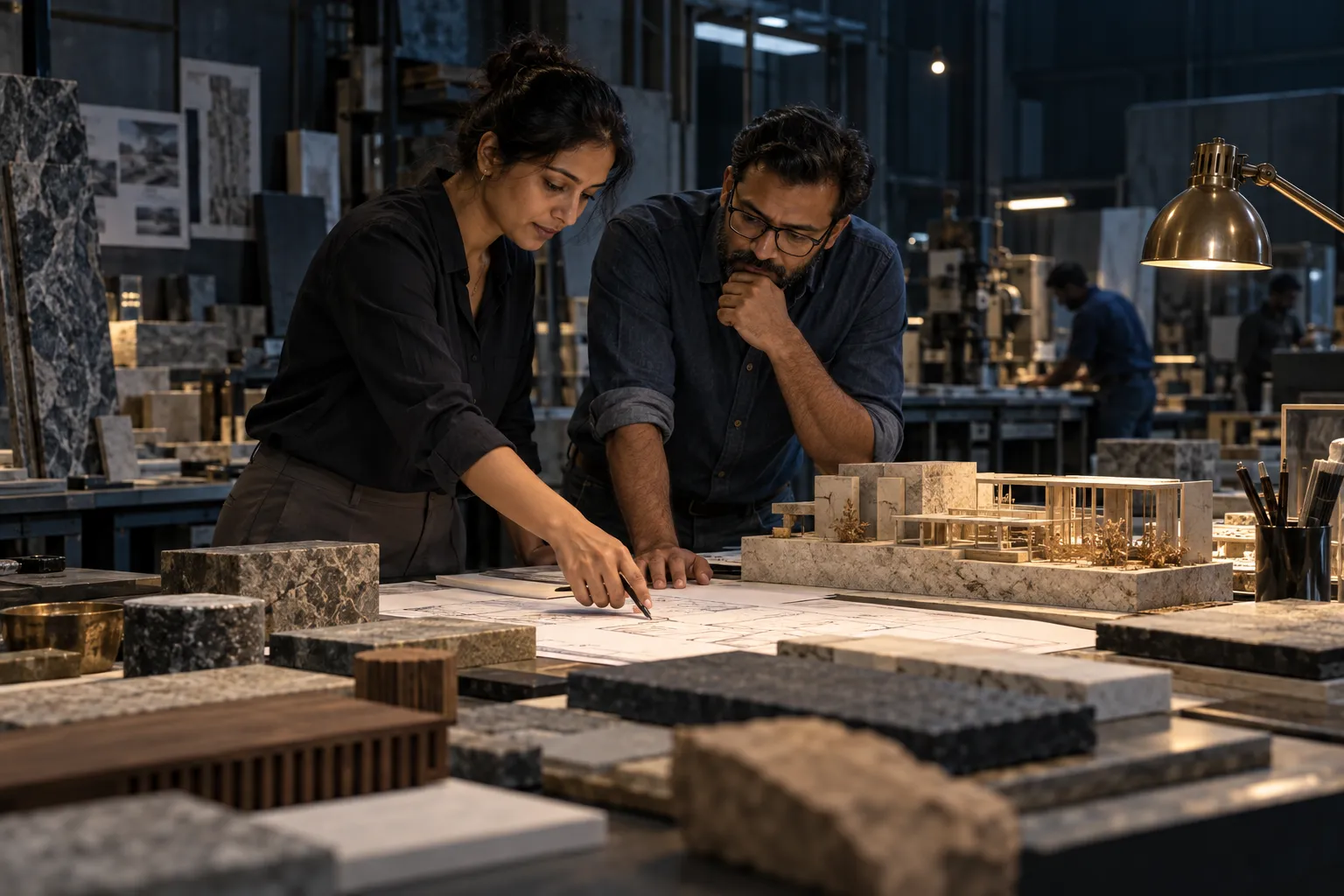Illustrative workshop scene: two colleagues studying a physical model and plans