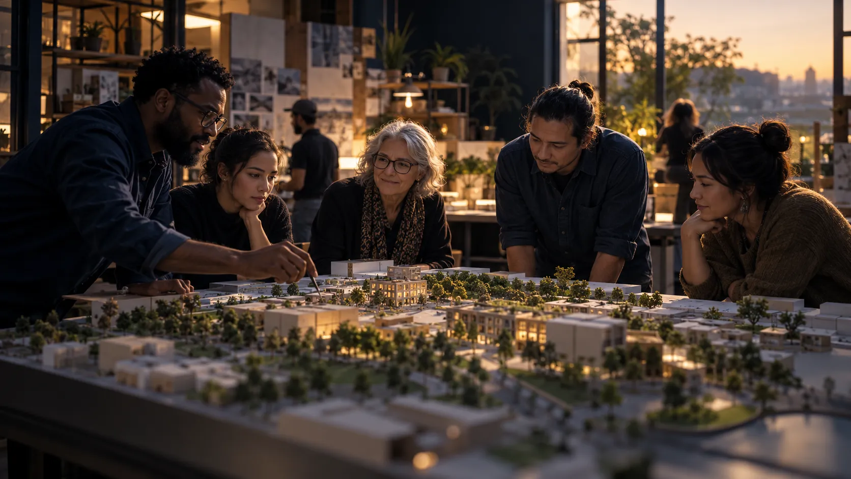 People collaborating around a model of a shared residential community; illustrative, not an AmanorX property.