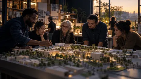 People collaborating around a model of a shared residential community; illustrative, not an AmanorX property.
