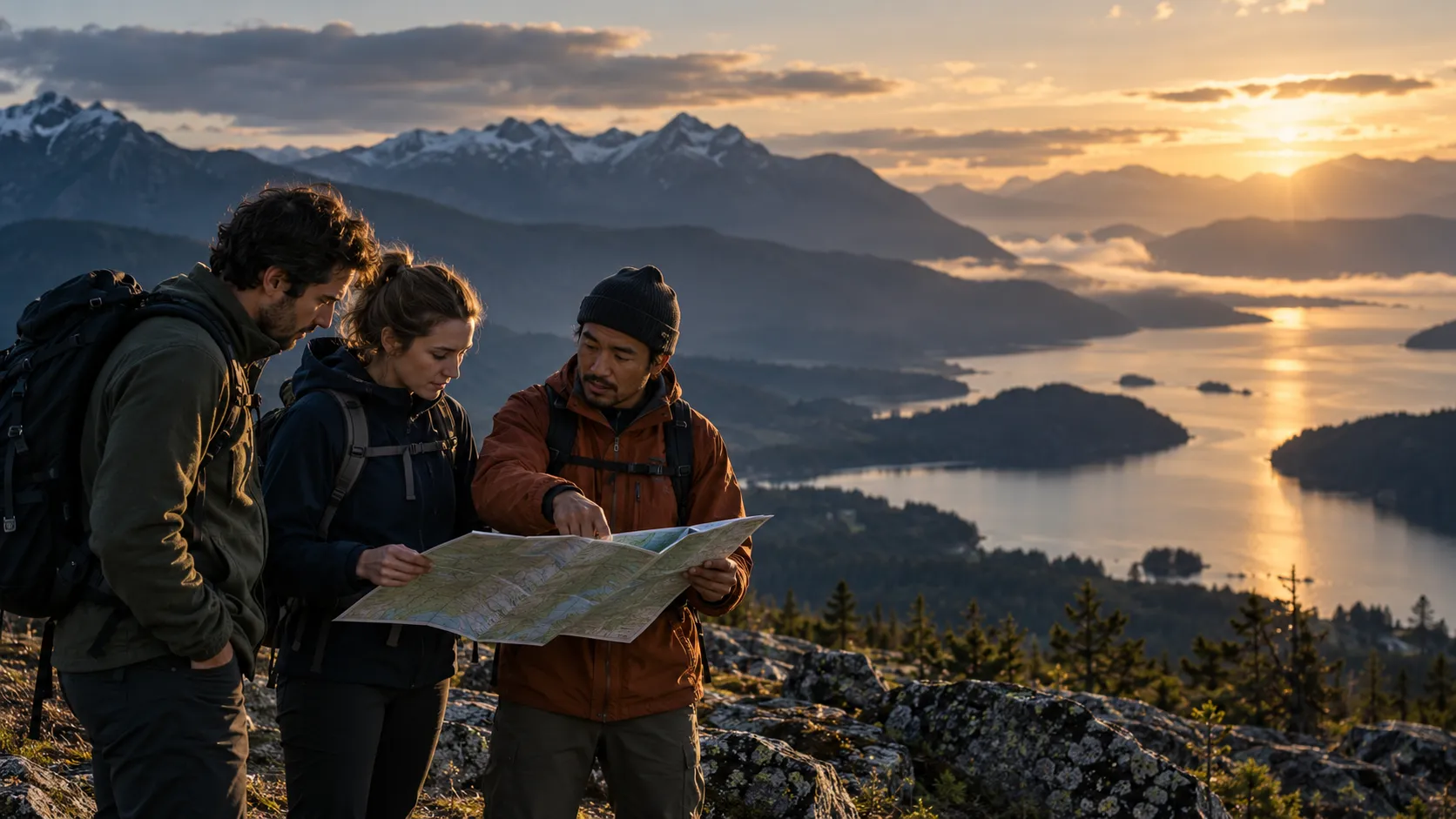 Travellers speaking with a local guide in a mountain landscape; illustrative, not an AmanorX destination.
